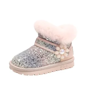 Winter Children’s Girls Colorful Sequin Rabbit Fur Soft Warm Snow Boots Kids Toddler Babies Princess Non slip Slip on Booties
