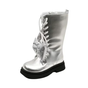 Winter Children’s Girls Mirror Leather Ribbon Bow Warm Plush Soft Sole Knight Boots Kids Toddler Anti-Slip Long Snow Boots