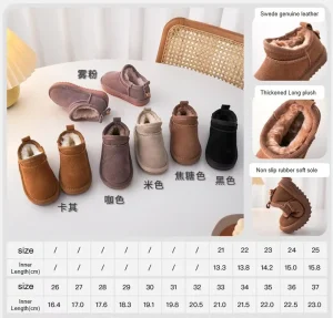 Winter Children’s Low Top Snow Boots for Boys and Girls Cowhide Kids Soft Sole Thickened Plush Cotton Casual Warm Shoes