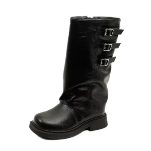 Winter Fashion Kids Toddler Leather Boots for Boys and Girls Round Toe Knee High with Zip Closure and Fleece Plus Buckle