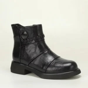 Winter Fleece Lined Vintage Stitch Round Button Girls Ankle Boots Side Zipper Low Heel Soft Leather Kids Boots