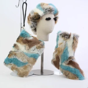 Winter Furry Fur Boots with Headband and Bag Ladies Rabbit Fur Boots
