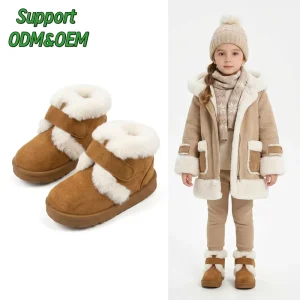 Winter Girls Snow Boots Plush Lining Warm Short Ankle Booties Solid Color Anti slip TPR Sole Customizable Kids Shoes
