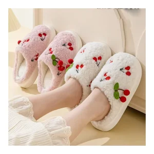 Winter House Home Kid Women Shoe Slides Slippers Indoor Cute Fruit Cherry Fluffy Plush Slipper