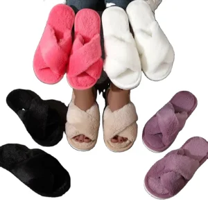 Winter Indoor Cross Strap Plush Cotton Slippers for Women Open Toe Furry Slippers