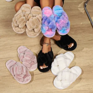 Winter Indoor Fuzzy Cross Strap Slippers for Women with Memory Foam Cushion Non Slip Sole OEM Available