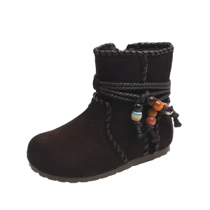 Winter Kids Retro Ankle Boots Children Girls Korean-Style Tassel Velvet-Lined Mid-Calf Suede Leather