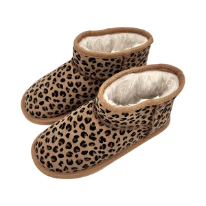 Winter Little and Big Kids Warm Durable Cozy Faux Fur Lined Boots Slippers Indoor Outdoor Leopard Ankle Boots