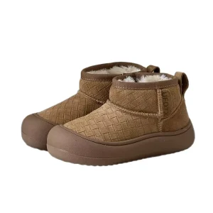 Winter New Style Children’s Warm Snow Boots Boys’ Girls’ Woven Genuine Leather Non slip Ankle Boots Fleece Lined Little