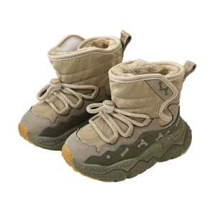 Winter Outdoor Sports Flat Snow Boots for Kids Boys Girls Plush Thick Cotton Boots Leather Upper Material