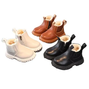 Winter Plush Children’s Fashion British Short Boots Kids Party Boots Soft Bottom Shoes for Boys and Girls