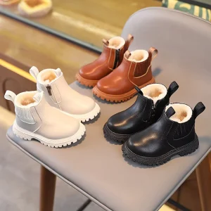 Winter Plush Children’s Fashionable Short Boots Boys’ Side Casual Shoes Girls’ Soft Soled Warm Boots