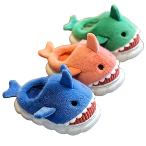 Winter Plush Kids Shark Slippers with Closed Toe Design Anti-Slip Warm Cotton Home Shoes for Boys and Girls
