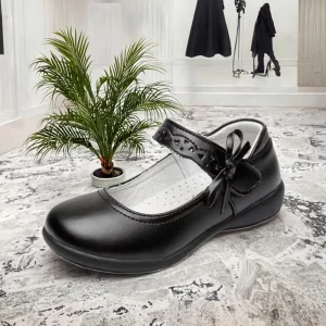 Winter Single Strap Genuine Leather TPR Outsole Ballet Flats School Shoes Girls Pearl Hook Loop Design Office