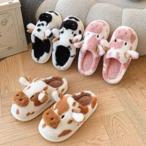Winter Soft Plush Cartoon Slippers Unisex Cute Warm Indoor Home Animal Cow Slippers