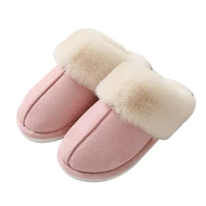 Winter Warm Indoor and Outdoor Cotton Slippers with Faux Fur Lining Hairy Mouth Home Slippers for Couples