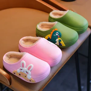 Winter Warm Waterproof Children Slippers Non Slip Sole Plush Cotton Boys Girls Indoor Dinosaur Kids Slippers