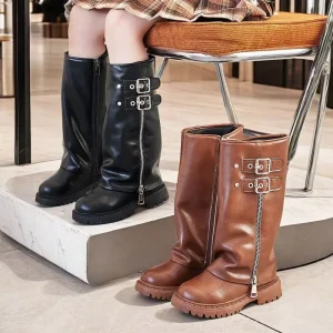 Winter and Autumn New Fashion Vintage Knight Kids Boots PU Anti Slippery Long Boots for Girls with Zip Closure Flat Feature