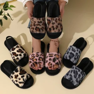 Women Home Slippers Shoes Open Toe Plush Leopard Printed Pattern Slippers for Ladies Girls