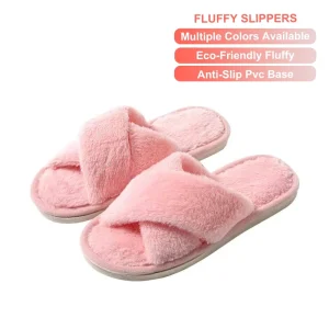 Women Indoor Home PVC Sole Non Slip Cozy Fluffy Cross Strap Open Toe Slippers Soft Faux Fur Indoor Outdoor Slippers