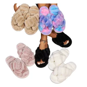Women Plush Open Toe Fluffy Shoes Winter Warm Slippers Anti-Slip EVA Thick Bottom Cross Cotton for Home Wear