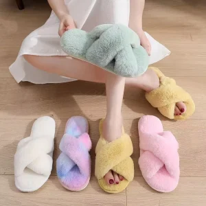Women Winter House Slippers Faux Fur Warm Shoes Slip On Flats Black Cozy Home Furry Slippers