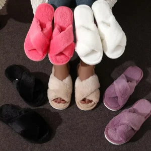 Women’s Slippers European American Style Cross Strap Open-Toe Plush Flat Anti-Slippery Minimalist Home Spring Autumn Winter