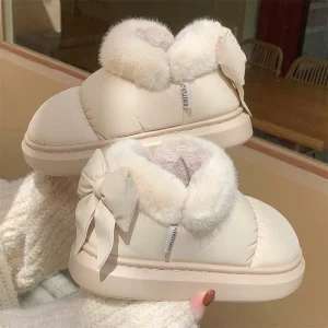 Women’s Waterproof Snow Boots Autumn Western Style Plush Big Bow Fluffy Ladies Shoes Black Winter Girls Version