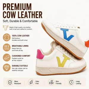 Women’s White Low-Top Sneakers with Colorful V Logo Casual Shoes