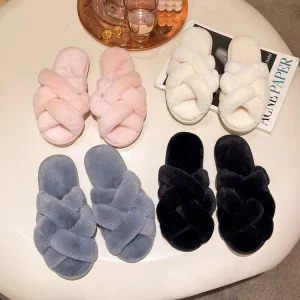 Women’s Winter Open Toe Plush Fur Slippers Soft TPR Outsole Non-slip Cushioning Indoor Home Slides