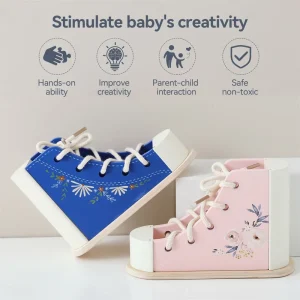 Wooden Lacing Shoe Toy Eco-friendly Educational Toy for 2 to 4 Years Fine Motor Skills Threading Practice Kids