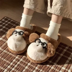 XIXITIAO Winter Funny Glasses Dog Cotton Slippers Unisex Closed Toe Plush Slides EVA Sole Plush Indoor Home Bedroom Slippers