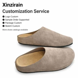Xinzirain Custom Design Unisex Slip On Round Toe Cork Sole Soft Suede Clog Mule Flat Shoes