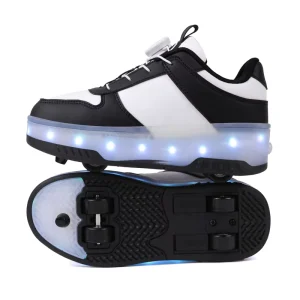 Youth Boys LED Light Skate Shoes Outdoor Sports Shoes Detachable Four Wheel Roller Breathable Leather Material TPR Midsole Kids