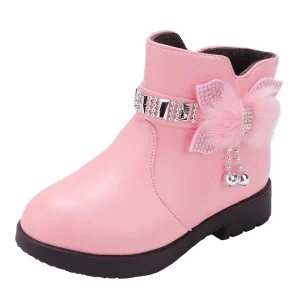 Zipper Little Girls Fashion High Heel Children Winter Leather Kids Boots Pink Waterproof Baby Shoes